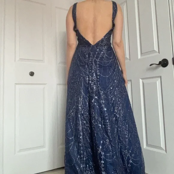 Full Length Navy Glitter Tulle and Satin Gown - Picture 13 of 16